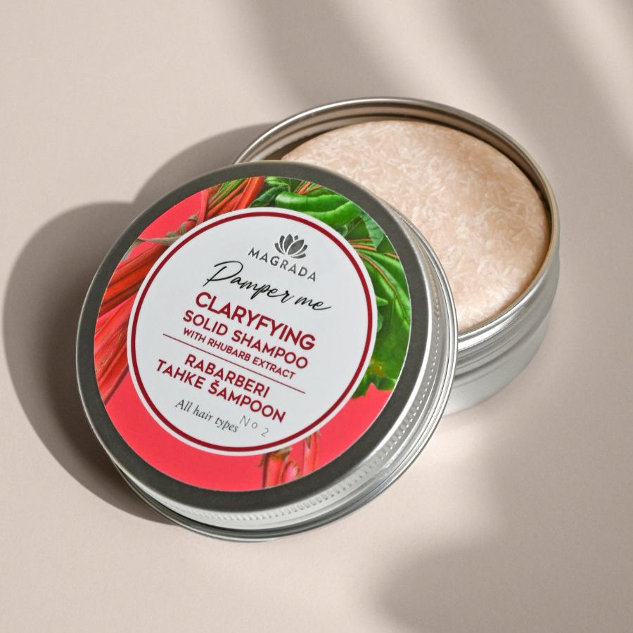 Skaidrinantis kietas šampūnas su rabarbarų ekstraktu